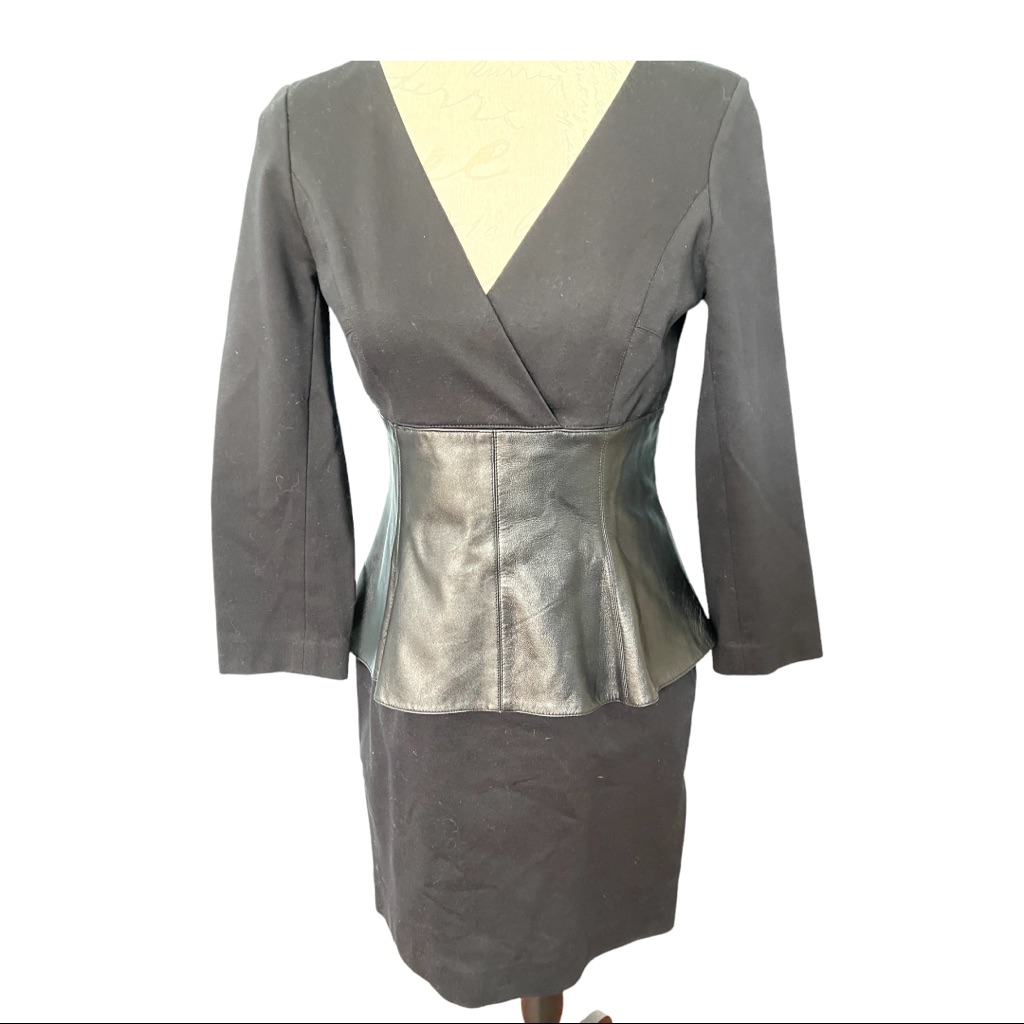 Teri Jon Black Dress With Leather Peplum Sz 6 Vintage! Euc